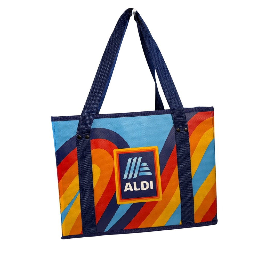 Aldi Collapsible Box Bag Grocery Tote Hard Sided Blue Rainbow Retro Reusable